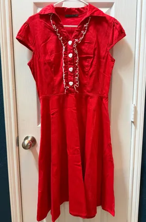 Vintage size L women’s Red Ruffle Front Dress with Heart Buttons thumbnail 1