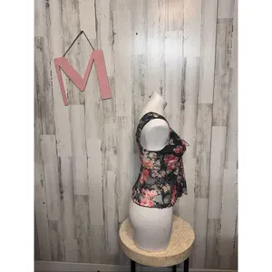 Rebellious Dreamer Floral Lace Tie Front Sleeveless Top Medium Sheer Black Pink thumbnail 4
