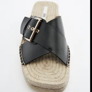 Zara Black Leather Espadrille JUTE WEDGE SANDALS thumbnail 6