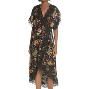 Alice + Olivia Adele Floral Wrap Midi Dress with Lace Trim Black Size 2 thumbnail 3