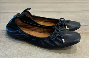 Tory Burch Women’s Square Toe Bow Leather Ballet Flat Black Size 9 thumbnail 1
