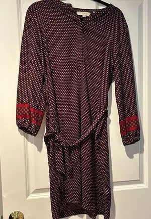 LOFT Burgundy White Patterned Long Sleeve Dress Sz M thumbnail 1