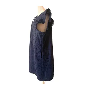 J.Crew Eyelet Shift Dress‎ Womens Size 16 Navy Blue Excellent Ruffle Tie-Neck thumbnail 4