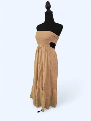 Tan strapless boho maxi dress cottagecore tiered festival size Small thumbnail 5
