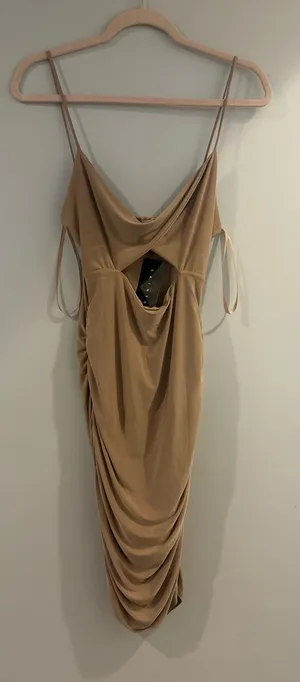 Ruched Tan Cutout Slip Mini Dress with Spaghetti Straps thumbnail 1