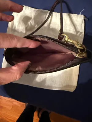 Coach beige C logo wristlet with brown patent leather details thumbnail 4