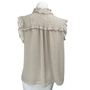 Pleione Women's Beige Printed Ruffle Smocked Tie Sleeveless Blouse Top Size M thumbnail 2