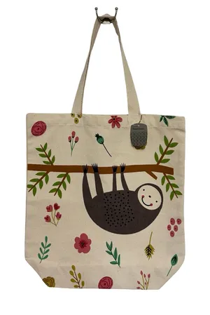 NEW World Market Sloth Printed Large Cotton Canvas Tote Bag thumbnail 1