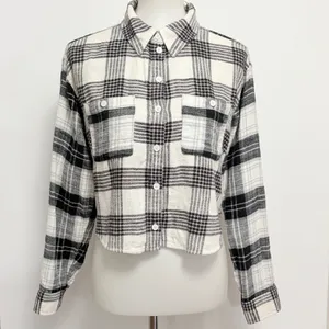American Eagle Flannel Shirt XS Black White Plaid Cropped Button Down Cabincore thumbnail 2