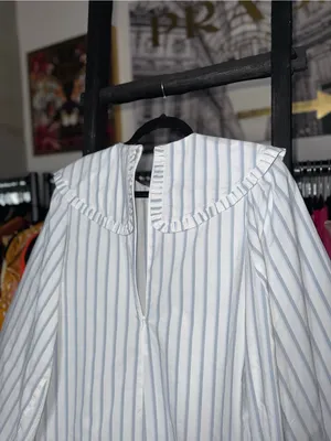 Ganni Blue White Stripe Balloon Sleeve Mini Dress Peter Pan Collar EU 38 US 6 thumbnail 13