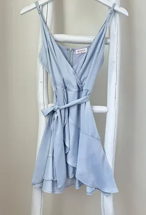 Rumor Light Blue Belted Flared Ruffle Bottom Mini Dress SZ Small thumbnail 1