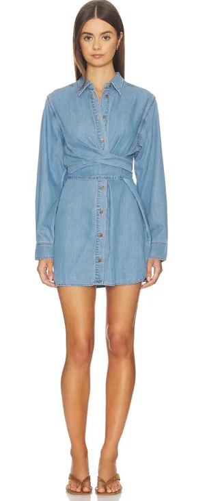AQUA Denim Mini Shirt Dress Light Wash Wrap Tie Waist Long Sleeve Blue Small NEW thumbnail 1