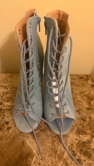 Wild Diva Light Blue Denim Lace-Up Peep Toe Heeled Booties Never worn! thumbnail 1