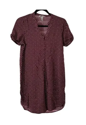 H&M Burgundy Polka Dot Short-Sleeve Tunic Shirt Dress Size 2 thumbnail 1