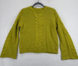 Love Whit XS Green‎ Cable Knit Bell Sleeve Pullover Sweater Top thumbnail 1