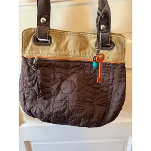 Fossil Key Per Quilted Flower Tote‎ Bag Brown Canvas Leather Accents Key Charm thumbnail 3