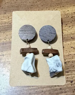 Handmade Wooden & Marbleized Drop Earrings - Brown and White thumbnail 1