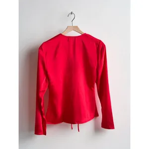 Sirena Red Satin Tie Front Long Sleeve Blouse V-Neck Top Size S NWT thumbnail 2