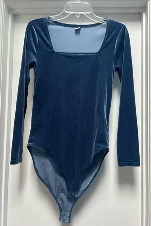 Old Navy Velvet Bodysuit Blue Long Sleeve Square Neck thumbnail 1