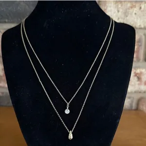 Double strand dainty gold tone necklace with teardrop pendant and rivoli stone thumbnail 1