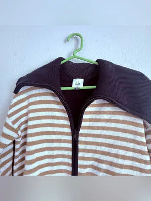 Cabi Mascot Cardigan 6448 Tan White Striped Black Full Zip Sweater thumbnail 3