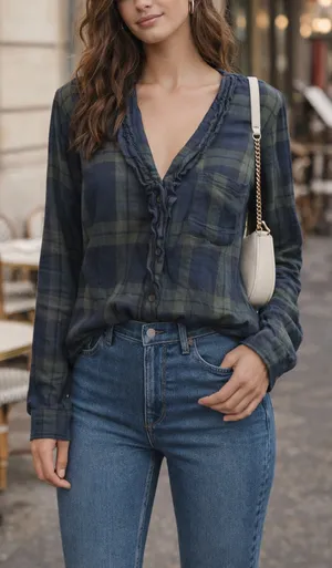Abercrombie Plaid Ruffle Blouse Medium Navy Green V Neck Flowy Top thumbnail 1