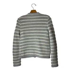 Ann Taylor Sweater Women Small‎ Petite Gray Ivory Striped Metallic Knit Cardigan thumbnail 3