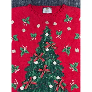 Vintage 90s Christmas Sweater TIARA Women L Red Tree Embroidered‎ Embellished thumbnail 8