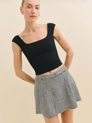 Reformation Rory Gingham Linen Pleated Mini Skirt Black/ White Size 6 NWT thumbnail 1