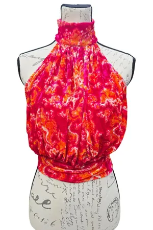 Free People -1853 Take‎ A Break Velvet Floral Orange Halter Top Blouse XS thumbnail 1
