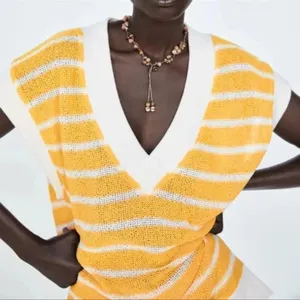 Zara Yellow and White Striped Zara V-Neck Sleeveless Knit Sweater Medium (NWT) thumbnail 3