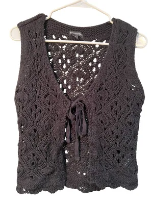 Pretty Little Thing Women's Sz Medium Tie Front Crochet Vest Black Festival Boho thumbnail 1