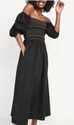 Old Navy Fit & Flare Maxi Dress Womens Small Black Cotton Smocked Off Shoulder thumbnail 1