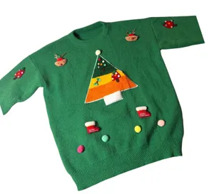 Green Ugly Christmas Sweater Women Large 3D Reindeer Tree Pom Poms Holiday Party thumbnail 1