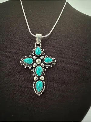 925 Sterling Silver Turquoise Cross Necklace Womens Jewelry Boho Western thumbnail 3