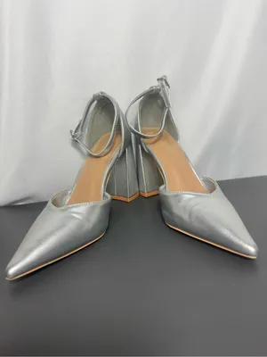 Silver Pointed-Toe wedding party elegant Block Heel Ankle Strap Pump Size 39 thumbnail 8