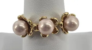 Unbranded Ring Womens 7.5 Floral Bypass Pink Faux Pearl Gold Tone EUC thumbnail 1