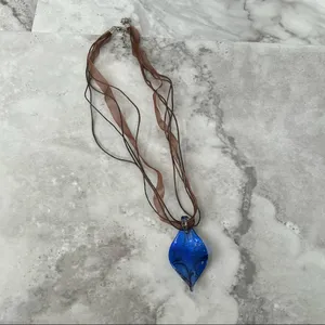 Hand‎ Blown Brown and Blue Glass Pendant Necklace and Brown Ribbon Chain thumbnail 5