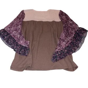 Waffle Knit Tunic L Mauve Brown Floral Bell Sleeve Boho Romantic Lagenlook thumbnail 2