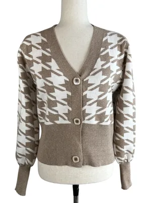 Joie Crop Houndstooth V-Neck‎ Button Cardigan Size XS Puff Sleeve Beige White thumbnail 1