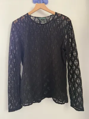Ralph Lauren XL Crew Long Sleeve Black Top Lace Whimsigoth Gothic Floral Sheer thumbnail 3