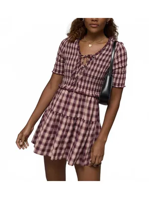 AE Puff Sleeve Tie Front Plaid Mini Dress American Eagle Pink NWT Burgundy XXL thumbnail 2