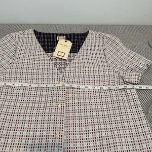 Mo:vint By Anthropologie Dress Dot Textured V Neck Button Down Short Sleeve M thumbnail 7