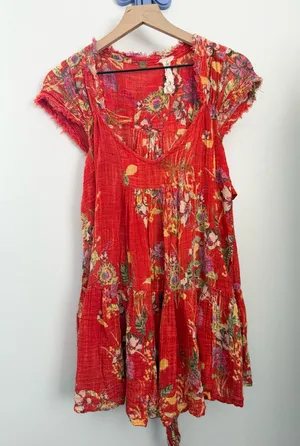 Free People Med Maia Mini Dress Red Gauze Floral Resort Front Wrap Tie Tropical thumbnail 1