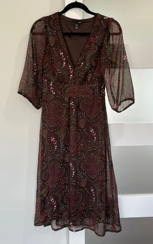 H&M Brown Paisley Floral Print Sheer‎ Flutter Sleeve Midi Dress Women US 6 thumbnail 1