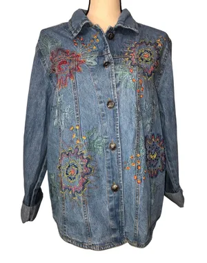 Vintage Embroidered Denim Shacket Shirt Jacket Beaded Floral Artwear Boho Size M thumbnail 1