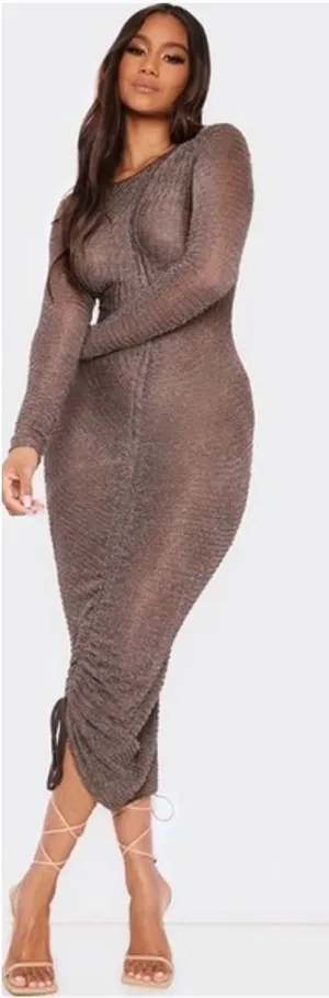 PrettyLittleThing NWT 59O Chocolate Textured Ruched Long‎ Sleeve Midi Dress Sz 4 thumbnail 1