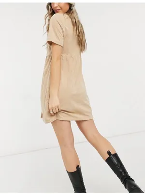 Reclaimed Vintage Brown Tan Ribbed Corduroy Short Sleeve Button Dress Medium thumbnail 3