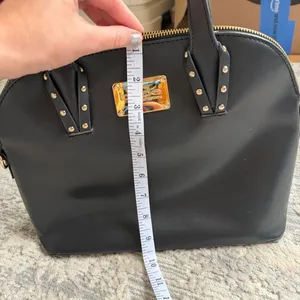 faux leather black Bebe shoulder bag with gold hardware and stud accents thumbnail 5