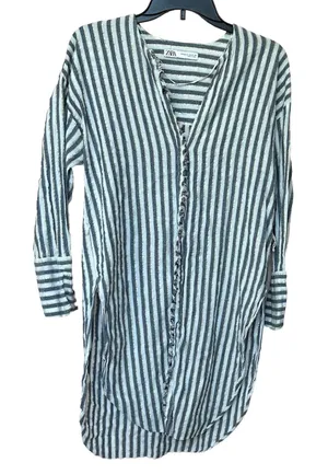 Zara Top Women’s XS Tunic White Blue Gold Stripe Button Down Long Sleeve Coastal thumbnail 1